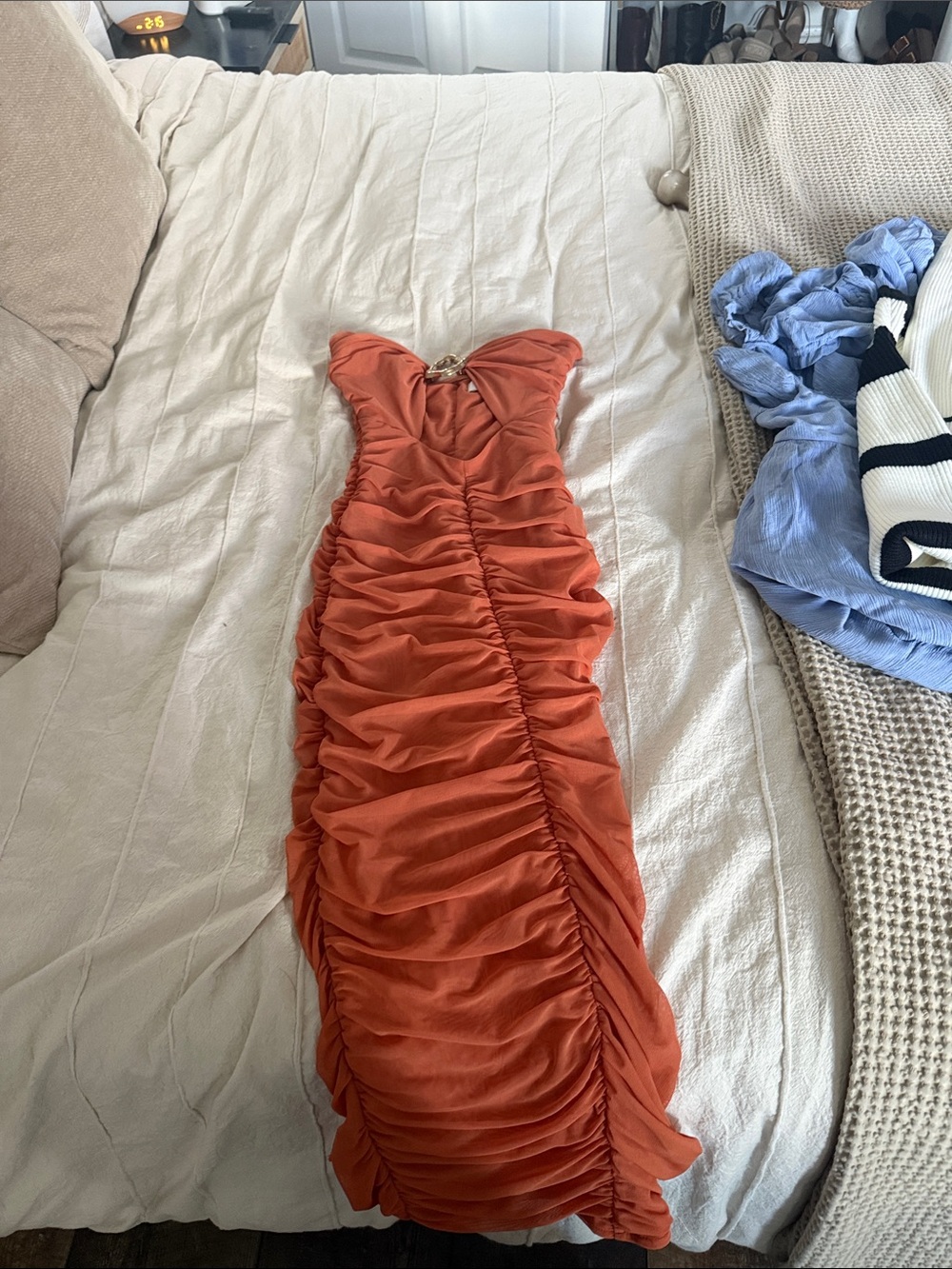Oh Polly Strapless Ruched Midi Dress in Burnt Orange